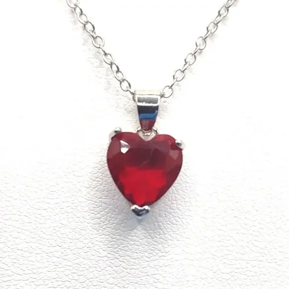925 Sterling Silver Necklace Red Lab Ruby Heart Pendant Valentines Birthday Gift